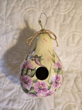 Hand-Painted Floral Gourd With  Pale Green and Lavender Wren House.